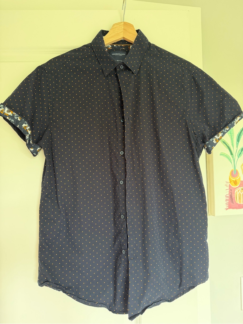 Denim and Flower short Sleeve Navy with orange Dot Button-Up Shirt